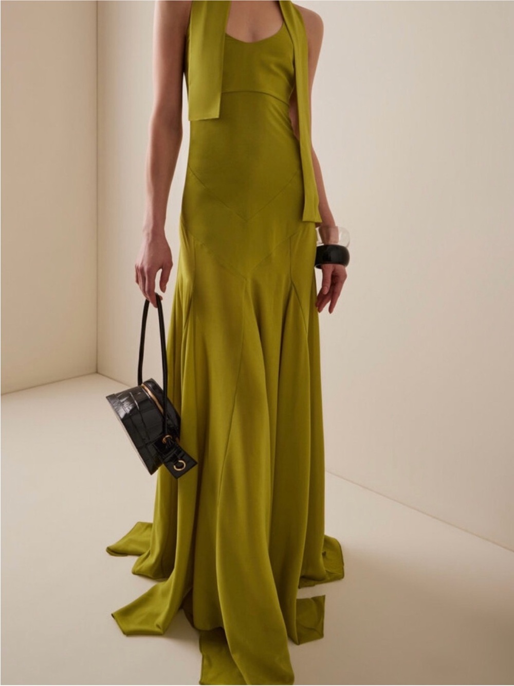 SIEDRES Raye Crepe Olive Green Maxi Dress with Scarf Detail